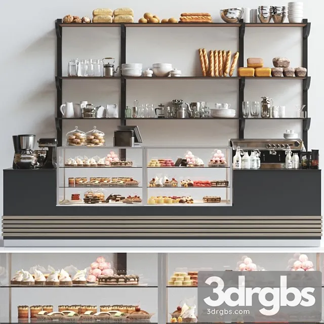 Design project of a coffee point in a minimalist style with a showcase with desserts and sweets. cafe