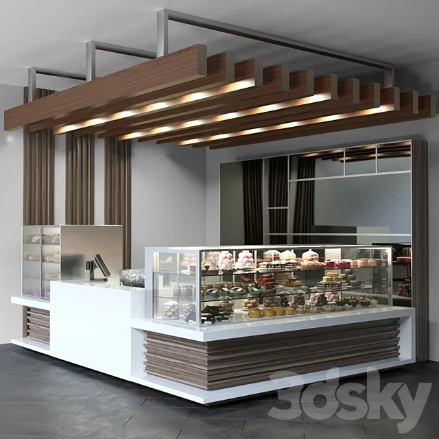 Design project of a coffee point with a confectionery showcase and desserts. Cafe 3D Model
