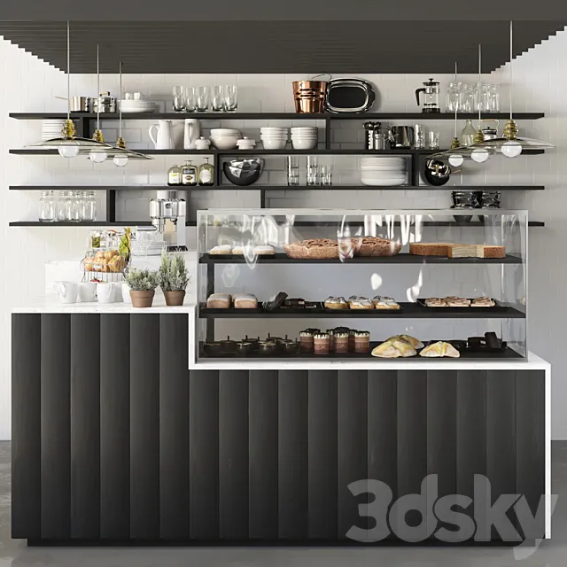 Design project of a coffee point with a refrigerator with desserts. Cafe 3DModel