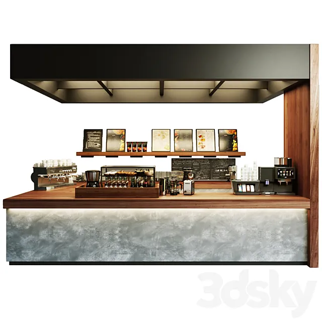 Design project of a coffee shop with a showcase with desserts and sweets and a coffee machine. Cafe 3D Model