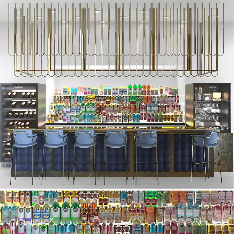 Design project of a restaurant with a rack with alcohol. bar counter