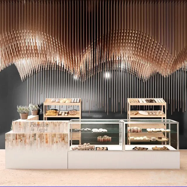 Design project of a restaurant with elements of copper decor and a showcase with desserts and sweets 3D Model