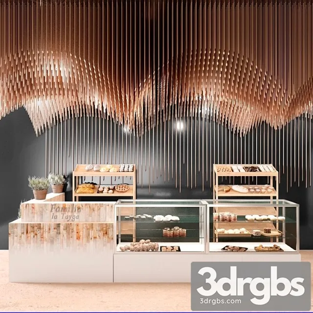 Design project of a restaurant with elements of copper decor and a showcase with desserts and sweets 3D Model Free