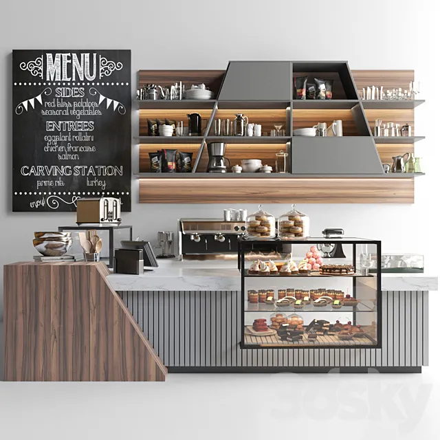 Design project of coffee point in loft style with desserts and sweets. Cafe 3DModel