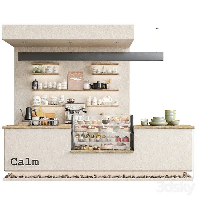 Designer coffee shop with stones and a display case with desserts 3D Model
