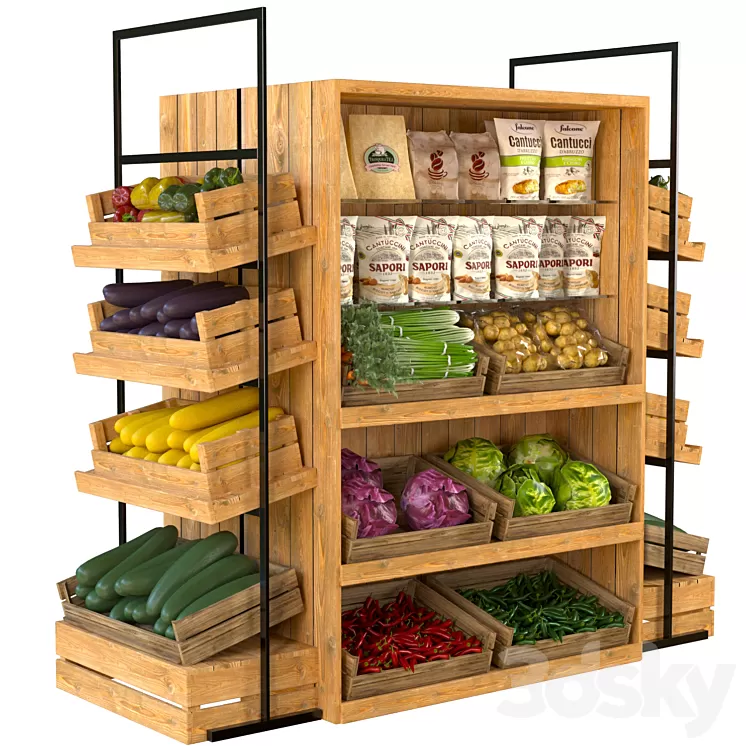 Designer rack in a supermarket with vegetables fruits and cereals 3