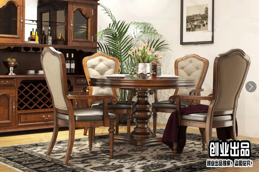 Dining Room 3D Interior Scene - American Style - 002