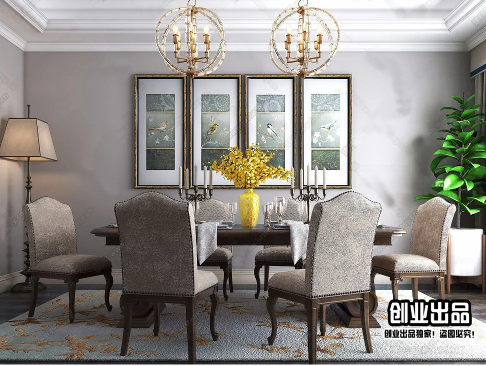 Dining Room 3D Interior Scene - American Style - 003
