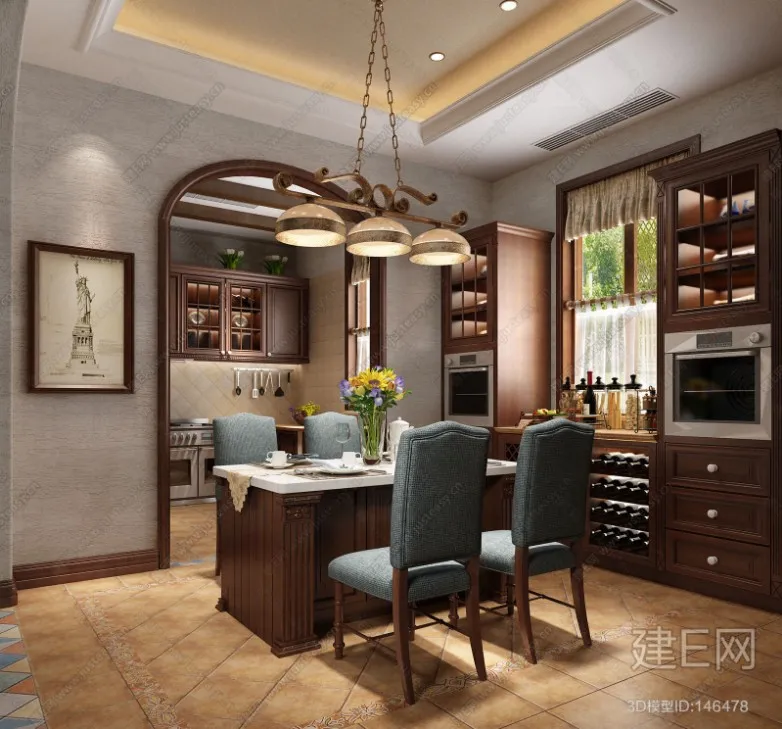 Dining Room 3D Interior Scene - American Style - 004
