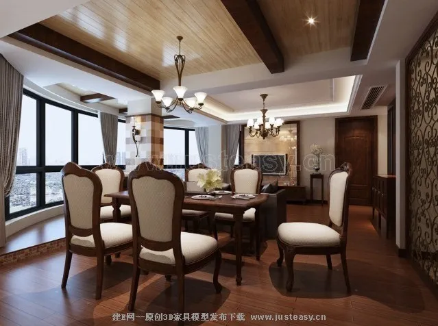 Dining Room 3D Interior Scene - American Style - 005