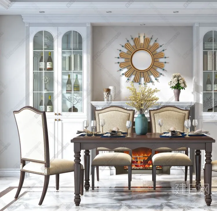 Dining Room 3D Interior Scene - American Style - 007