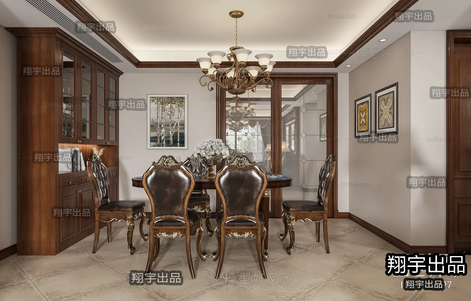 Dining Room 3D Interior Scene - American Style - 009