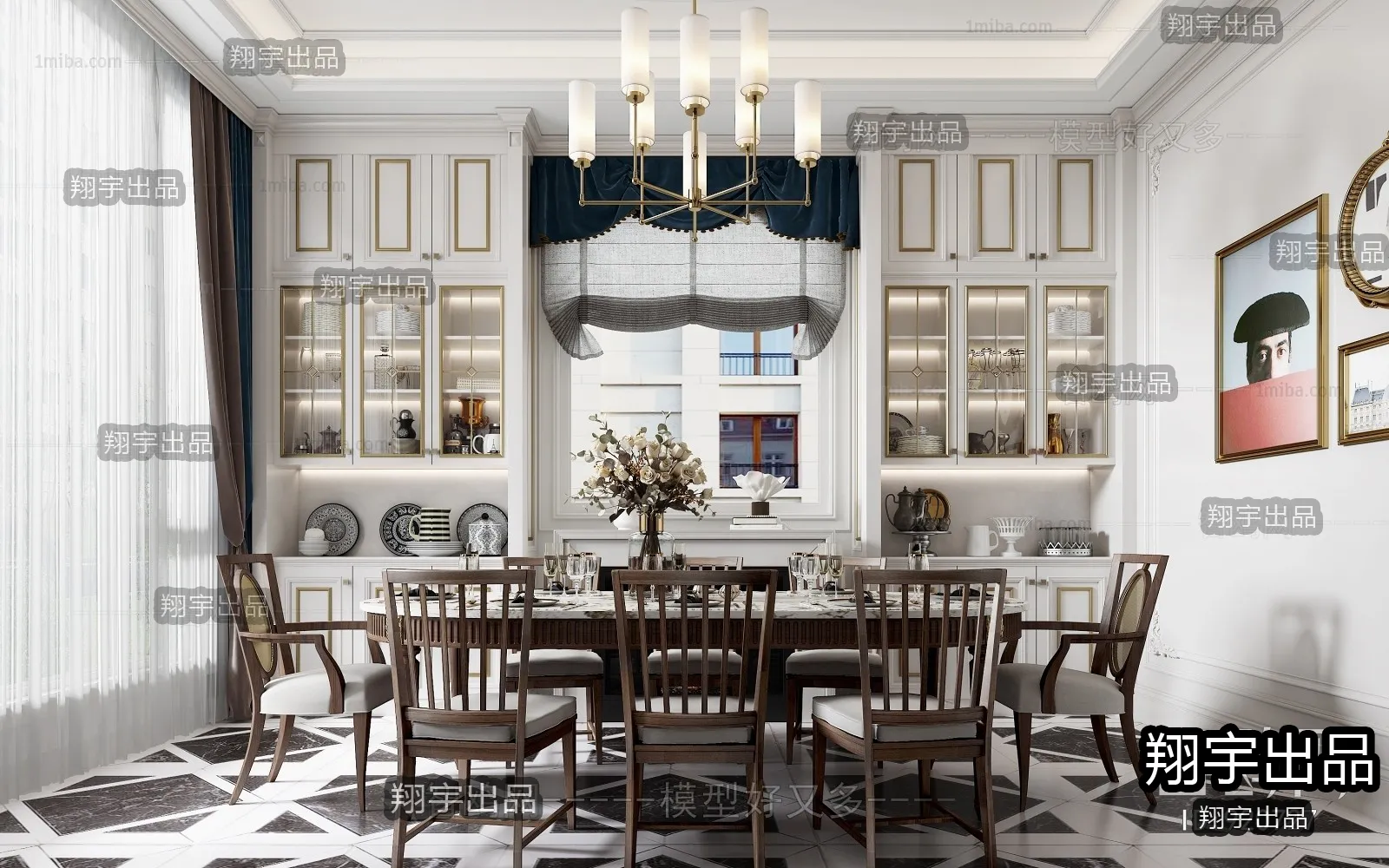 Dining Room 3D Interior Scene - American Style - 010