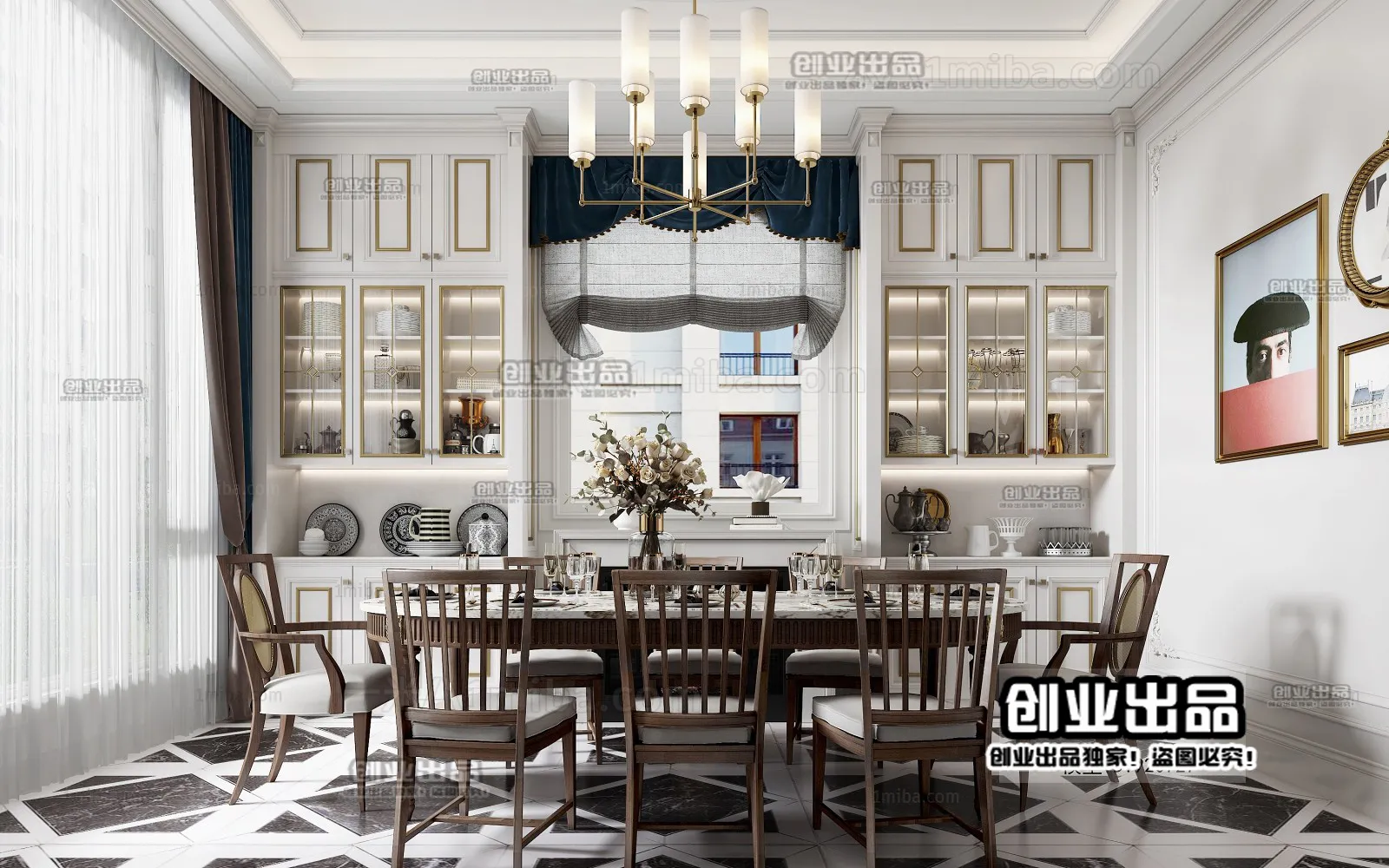 Dining Room 3D Interior Scene - American Style - 011