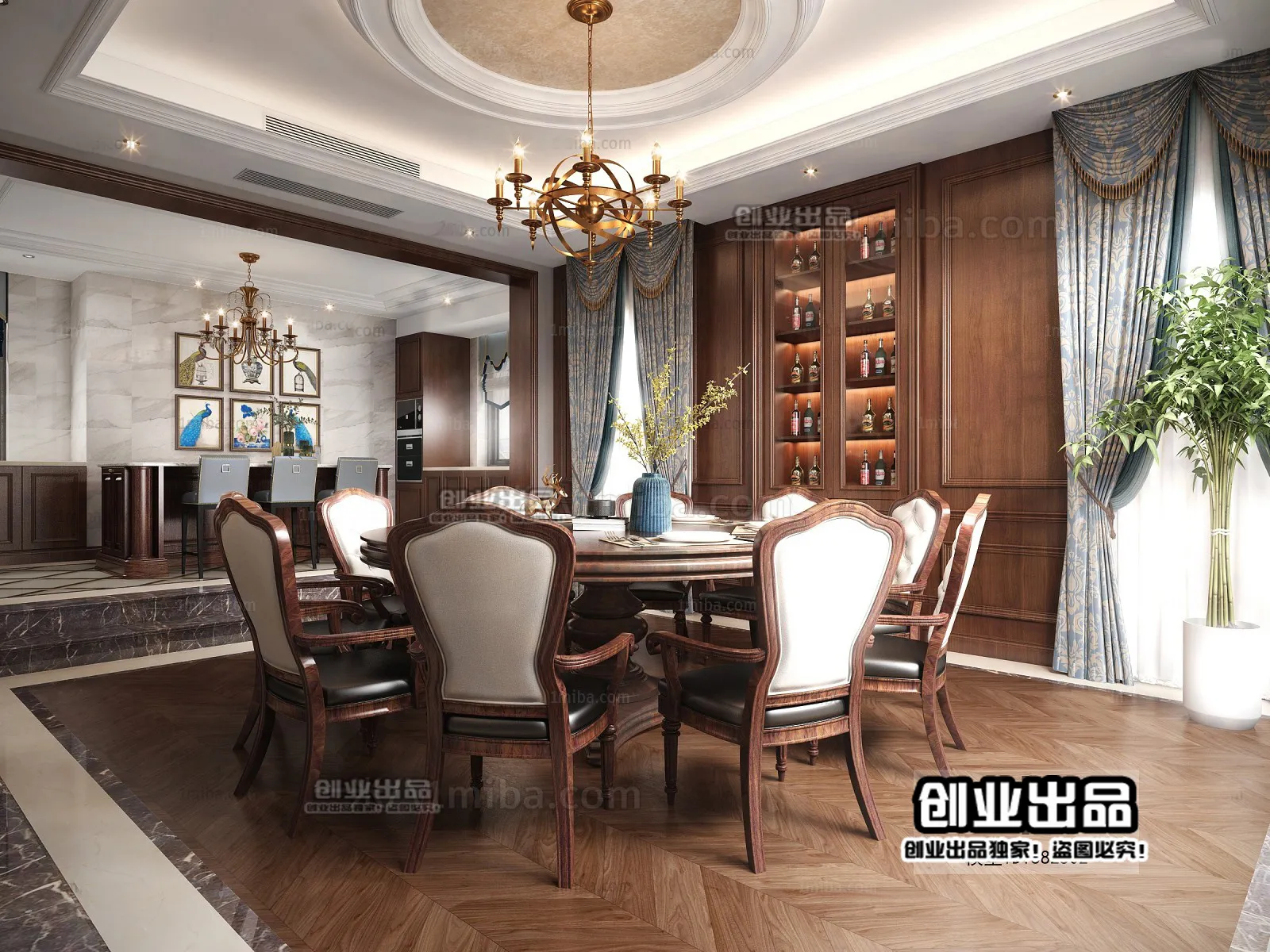 Dining Room 3D Interior Scene - American Style - 013