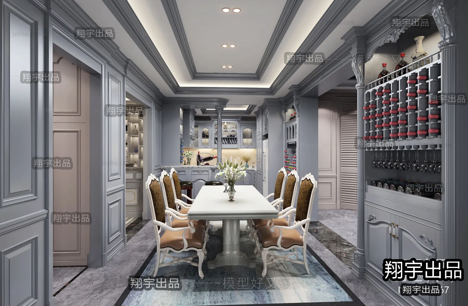 Dining Room 3D Interior Scene Model - European Style - 001