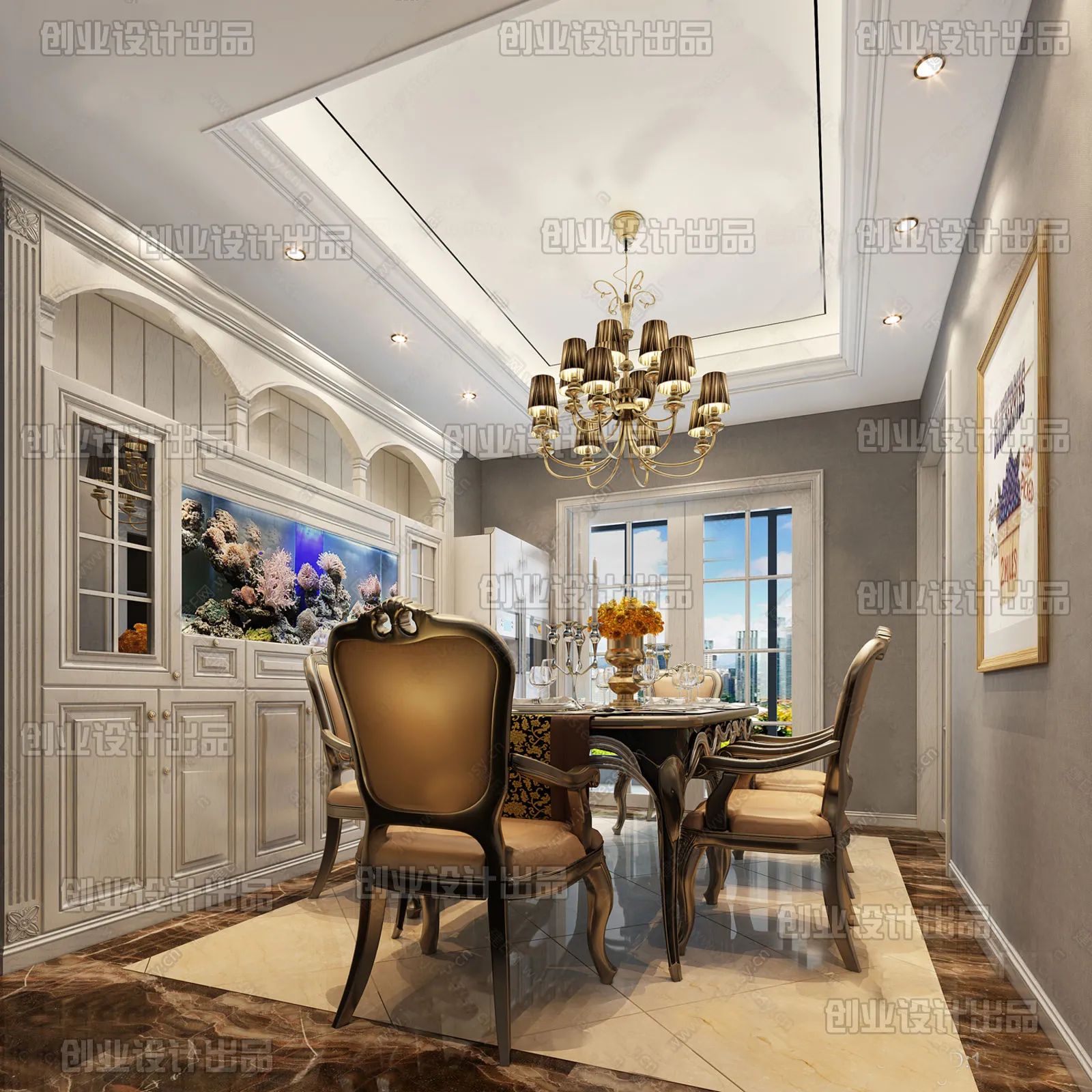 Dining Room 3D Interior Scene Model - European Style - 005