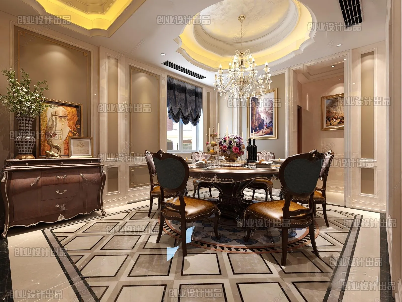 Dining Room 3D Interior Scene Model - European Style - 006