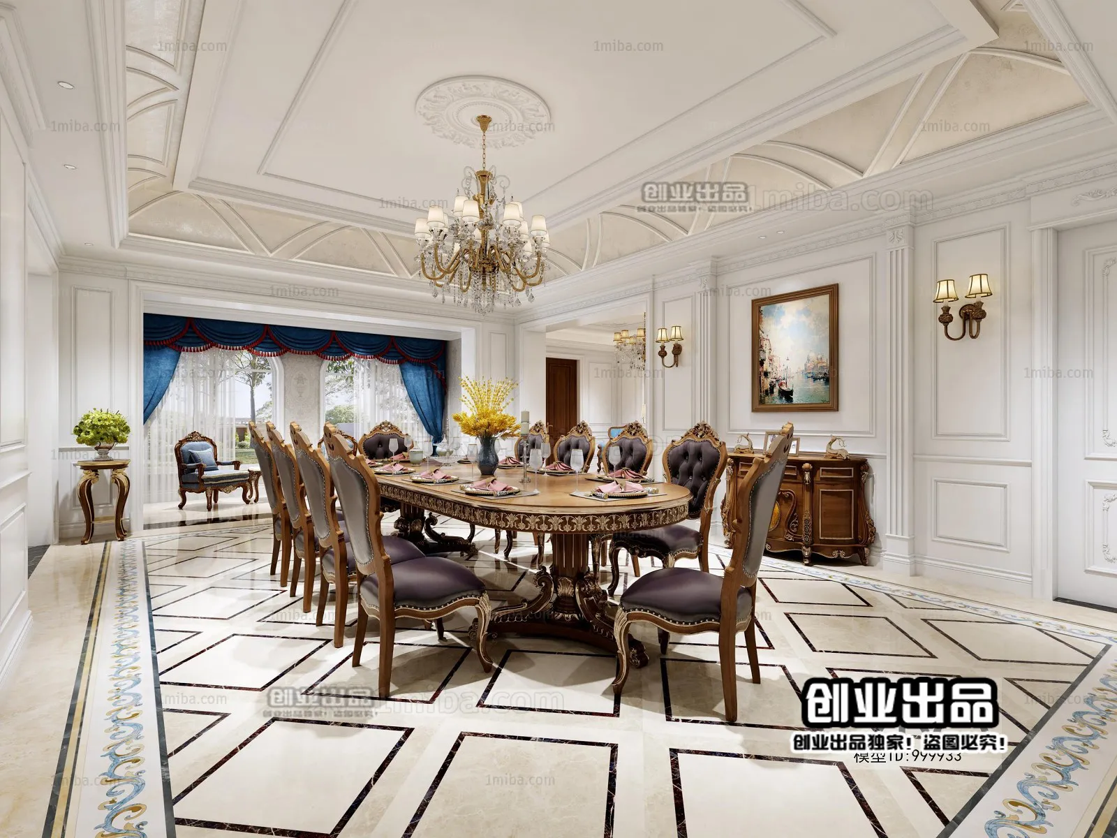 Dining Room 3D Interior Scene Model - European Style - 007