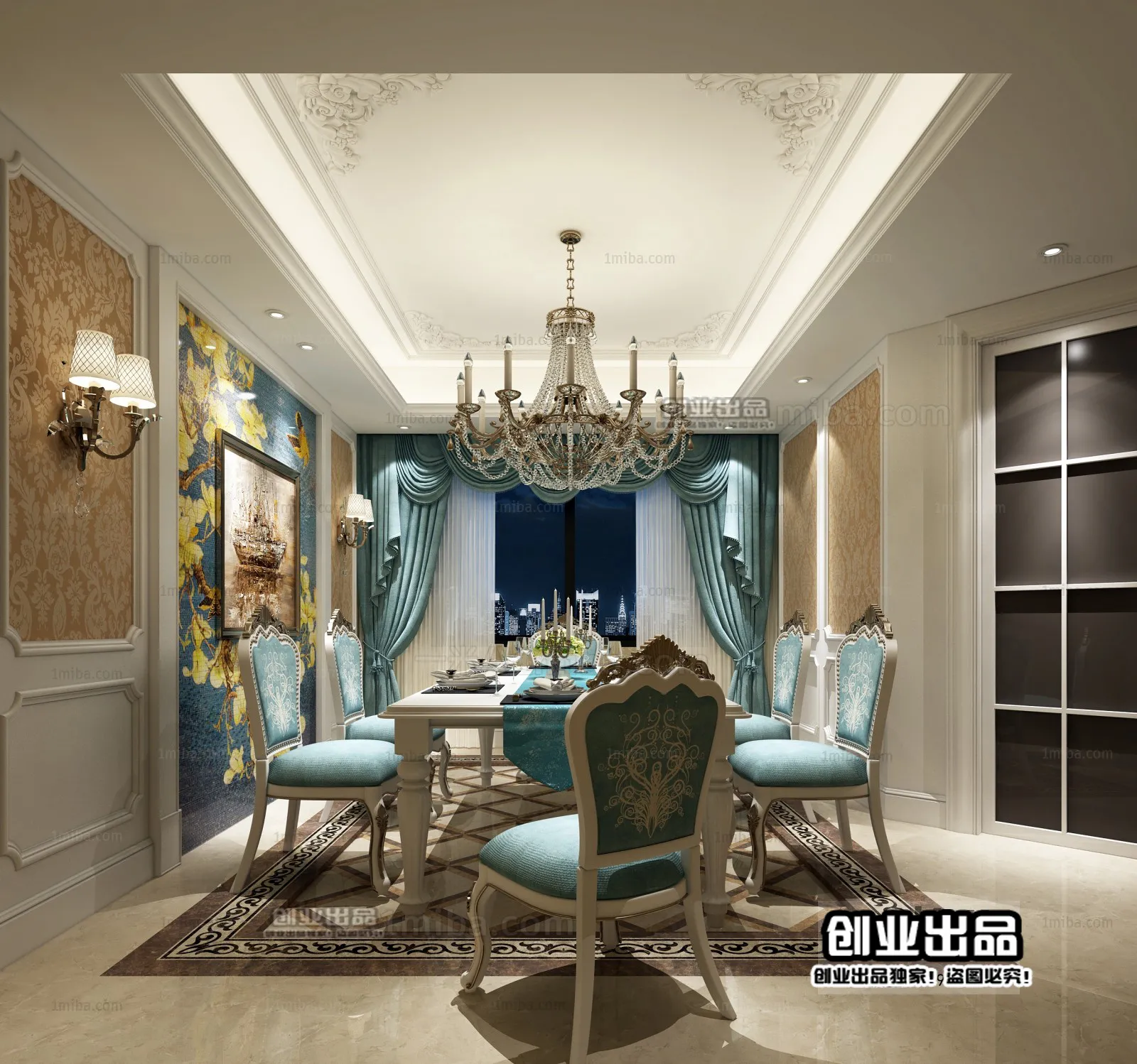 Dining Room 3D Interior Scene Model - European Style - 008