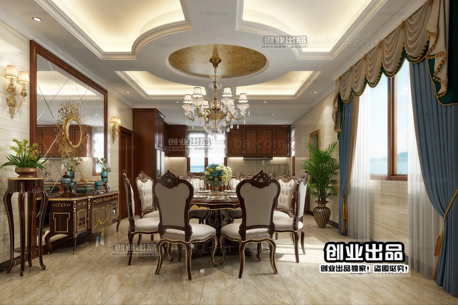 Dining Room 3D Interior Scene Model - European Style - 009