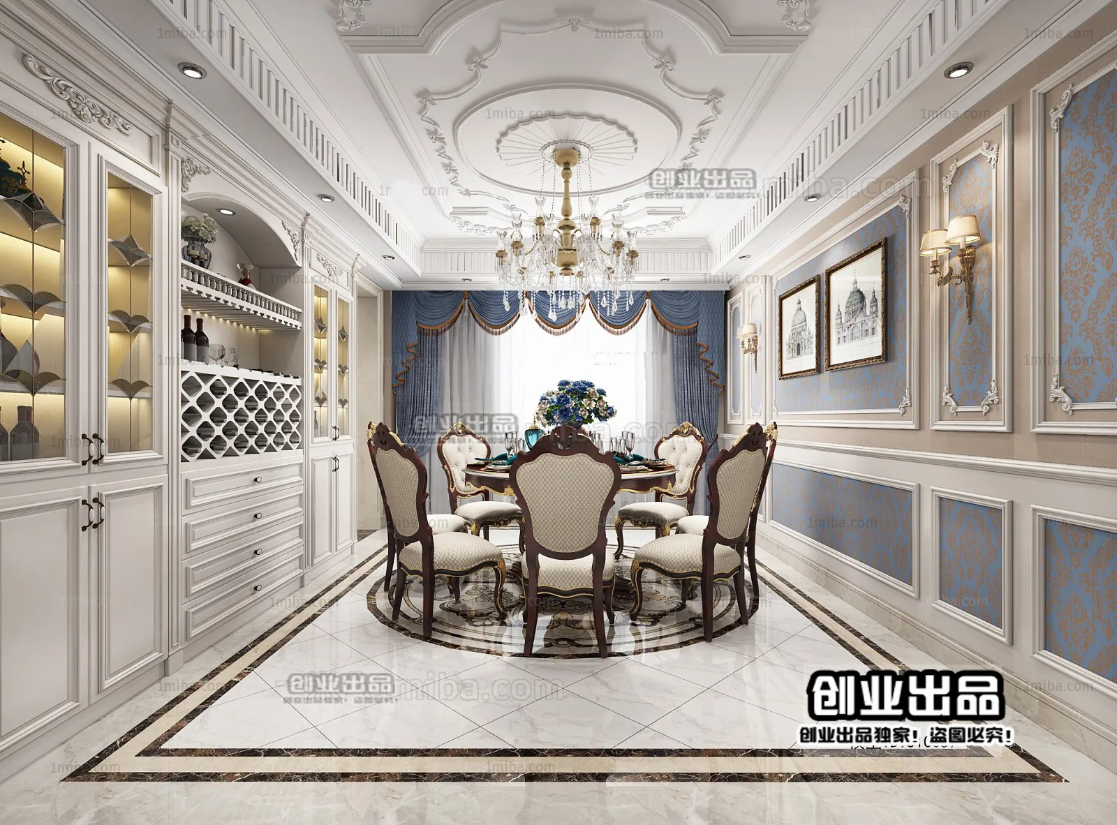 Dining Room 3D Interior Scene Model - European Style - 014