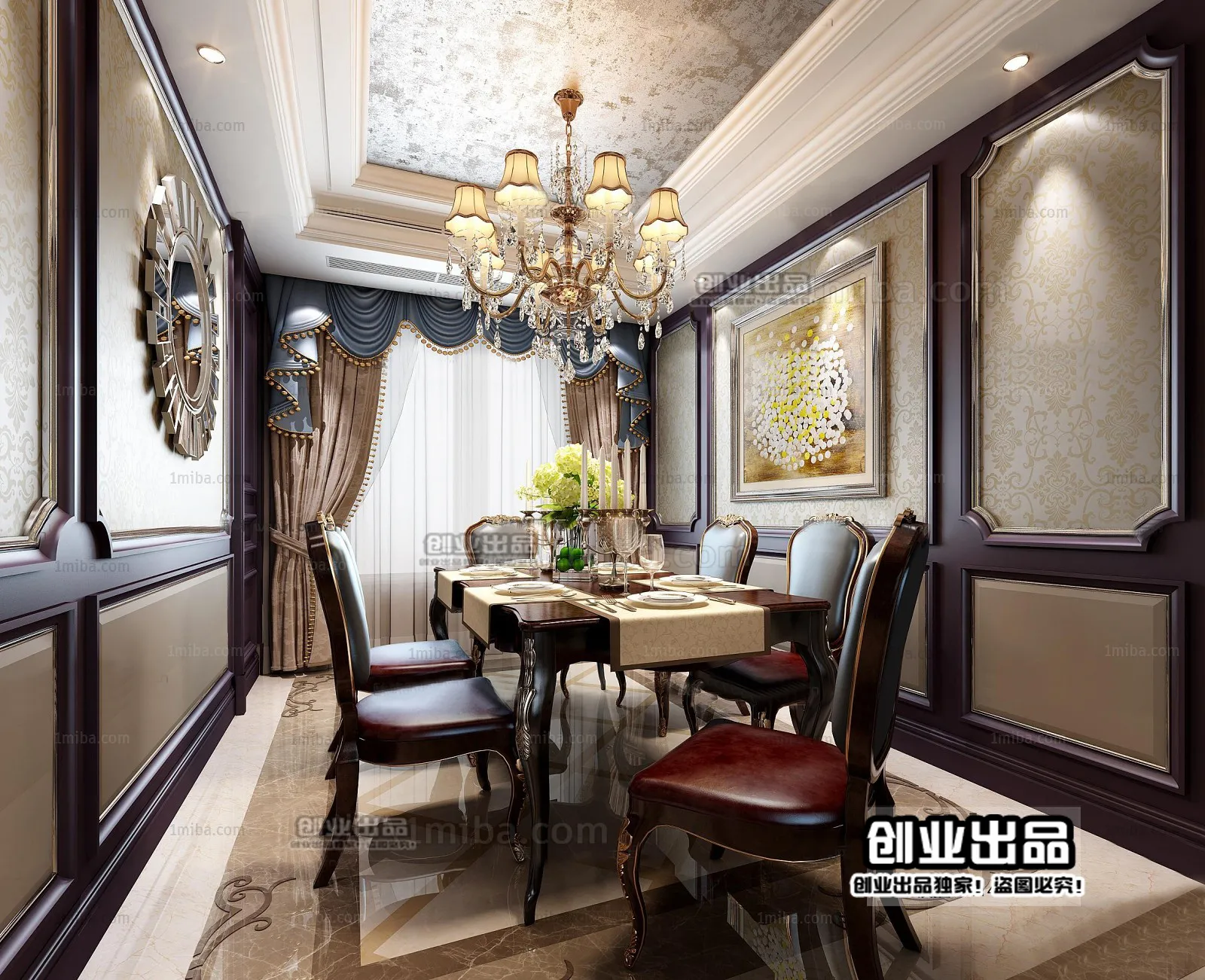 Dining Room 3D Interior Scene Model - European Style - 015