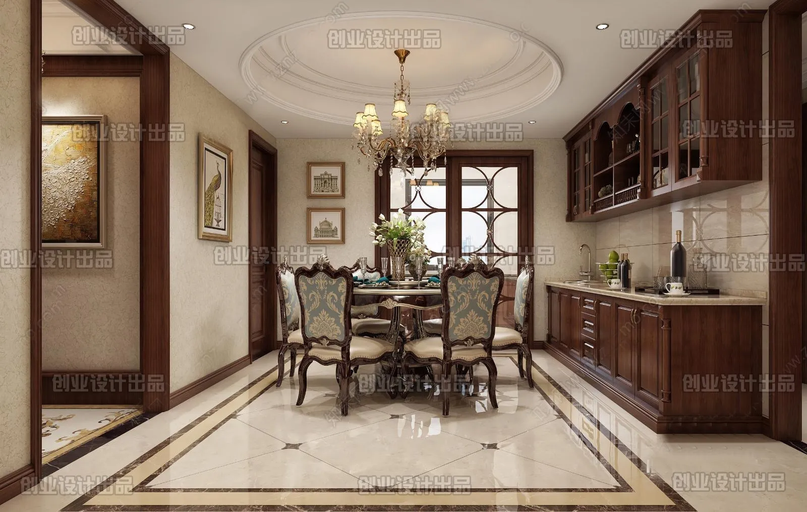 Dining Room 3D Interior Scene Model - European Style - 016