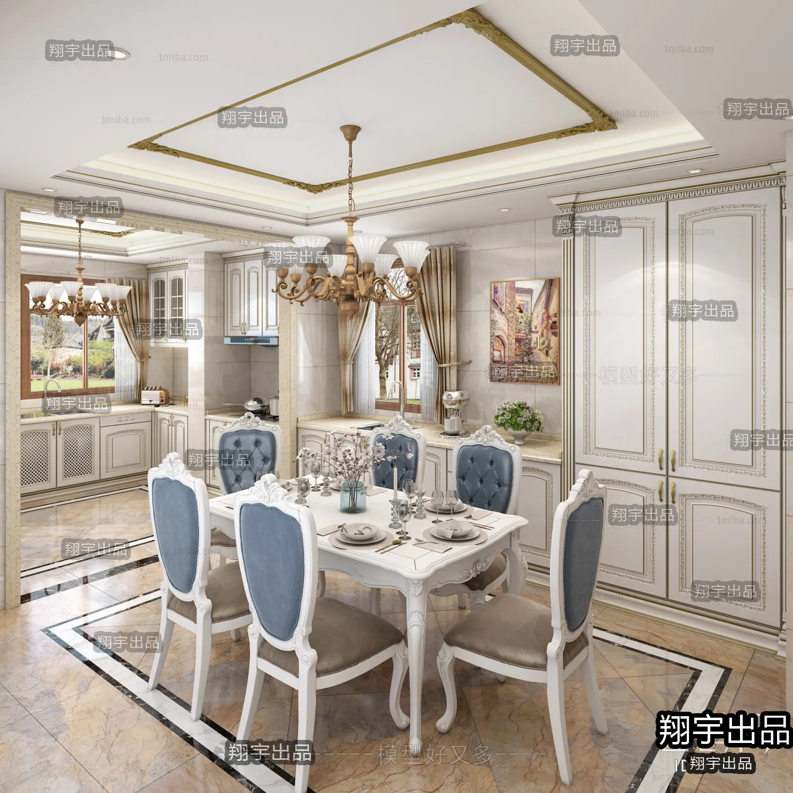 Dining Room 3D Interior Scene Model - European Style - 020