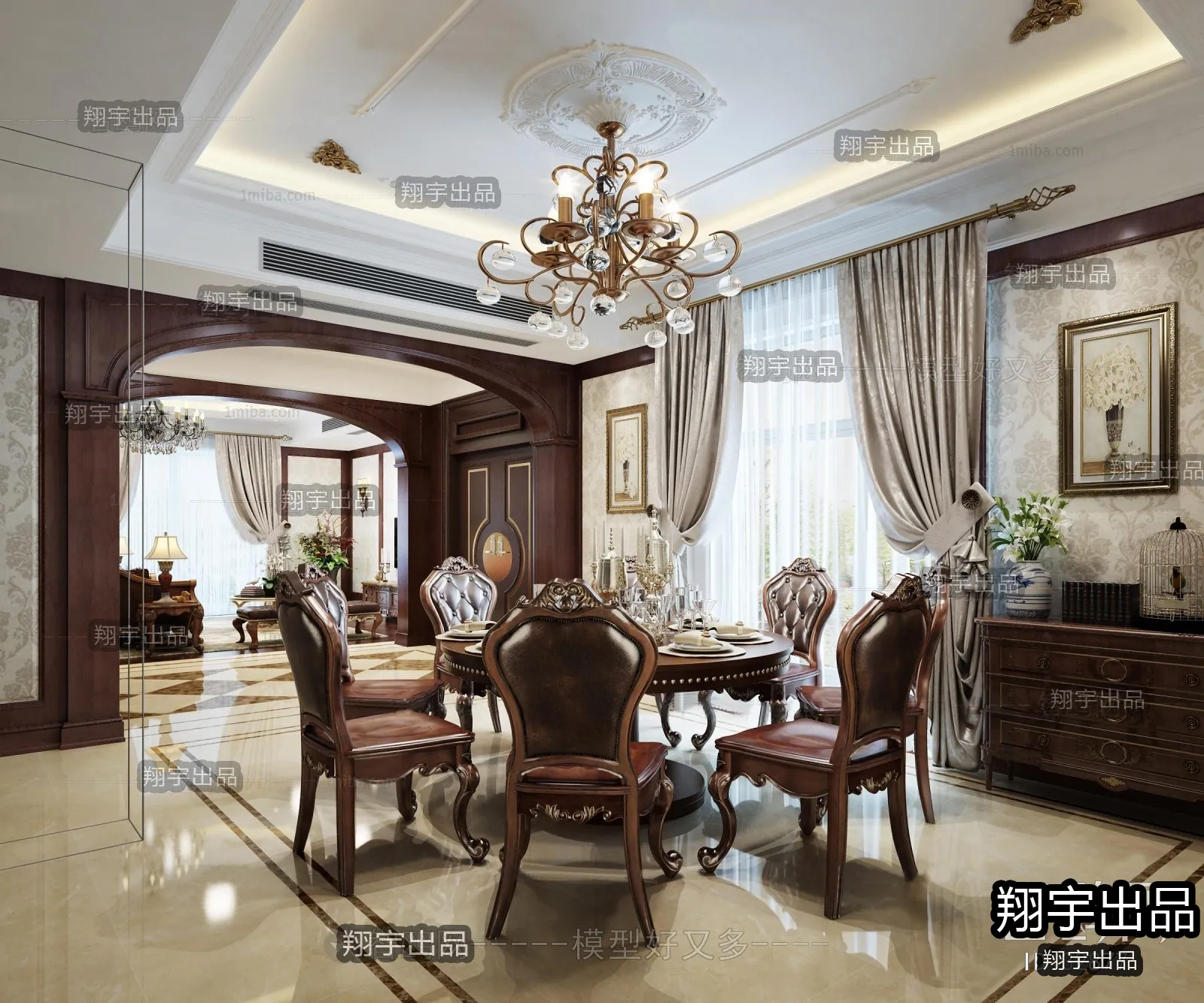 Dining Room 3D Interior Scene Model - European Style - 022
