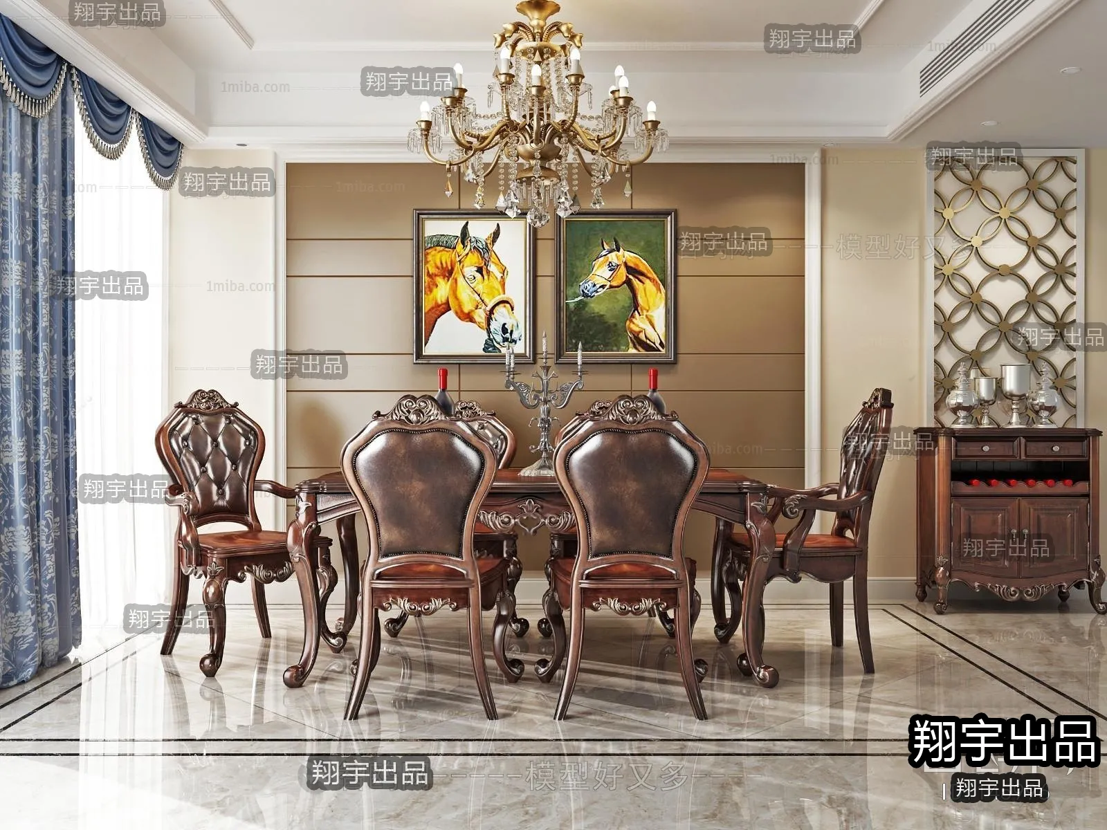 Dining Room 3D Interior Scene Model - European Style - 023
