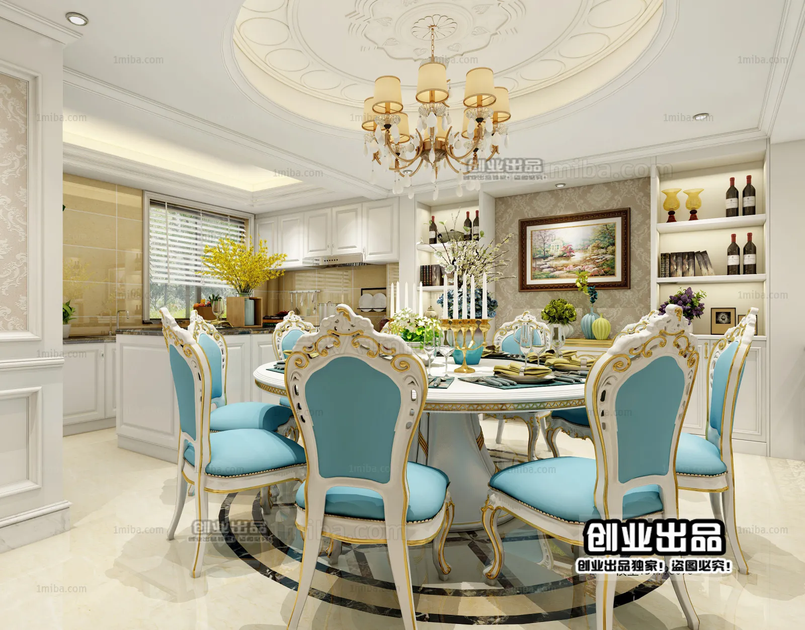 Dining Room 3D Interior Scene Model - European Style - 024