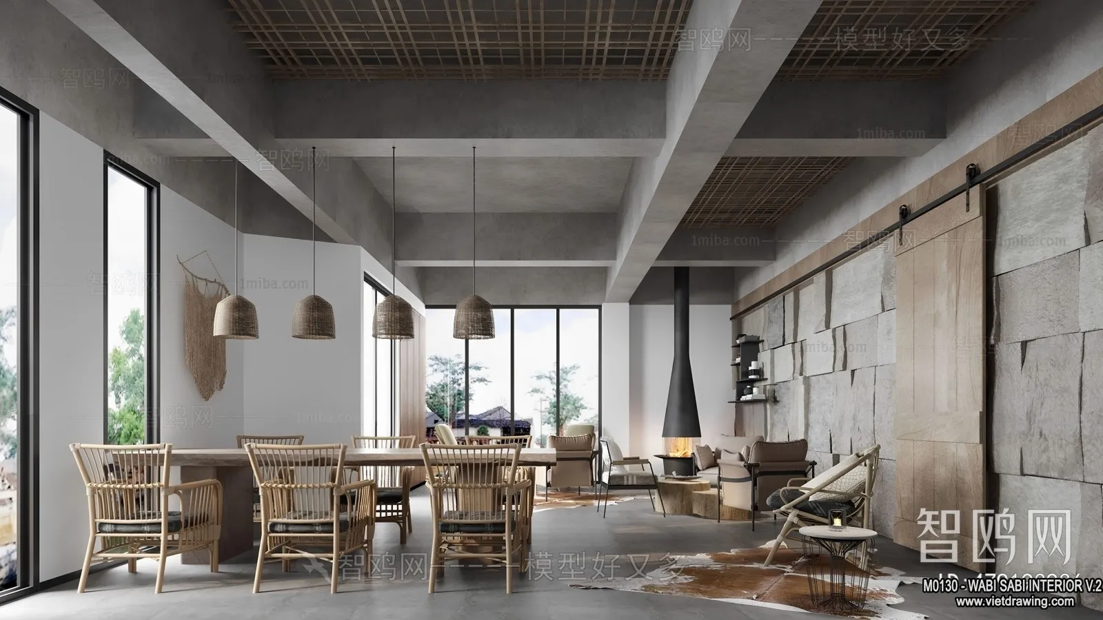 Dining Room 3D Interior Scene Model - Wabi Sabi Style - 043