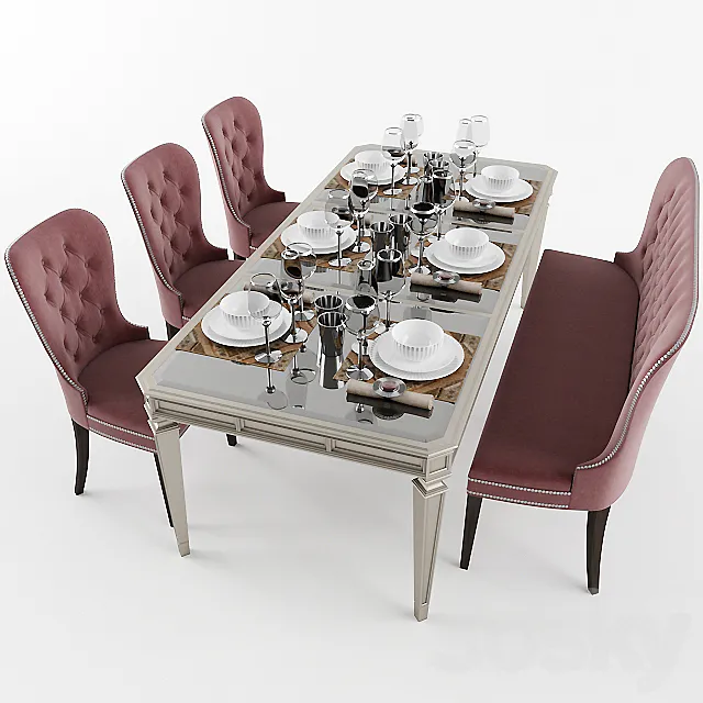 Dining table with with chairs. banquet and dishes 3DModel