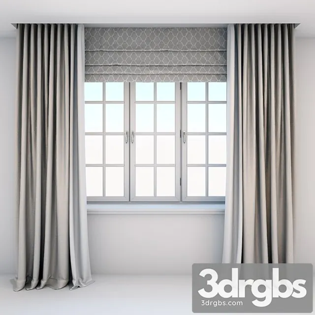 Direct curtains in the floor and roman curtains in a modern style with a window 3D Model Free