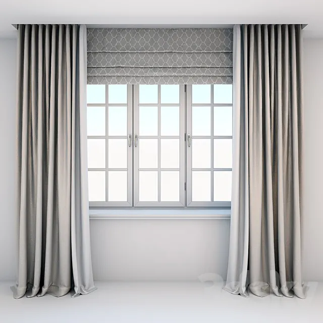 Direct curtains in the floor and Roman curtains in a modern style with a window 3D Model