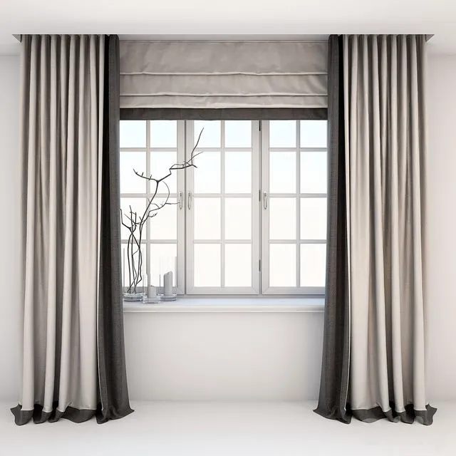 Direct two-color curtains in the floor and Roman curtains in a modern style with a window 3D Model