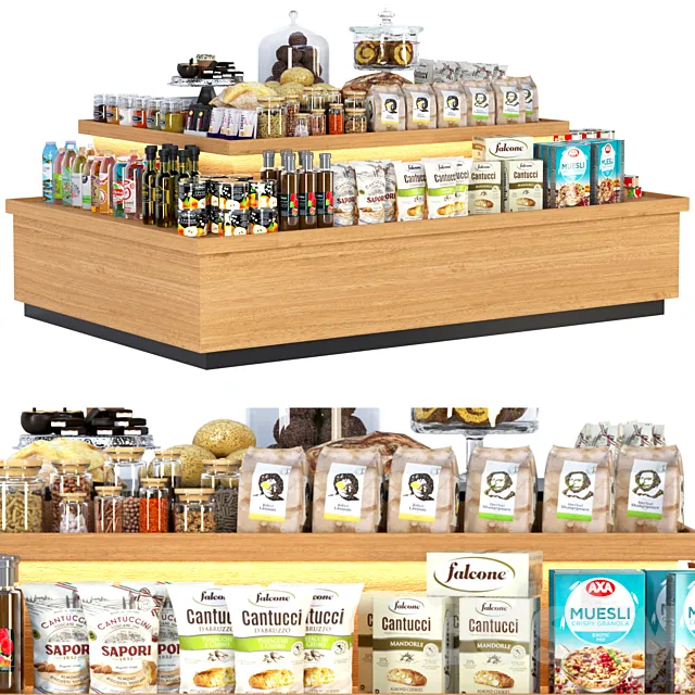 Display stand in a supermarket with products. Juices and cereals 3D Model