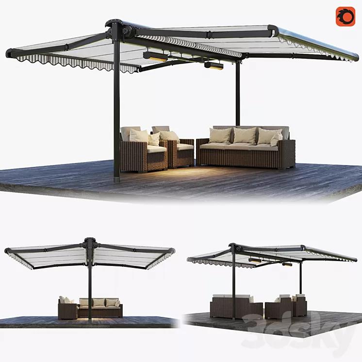 Double-sided cassette tent with rattan garden furniture 3D Model