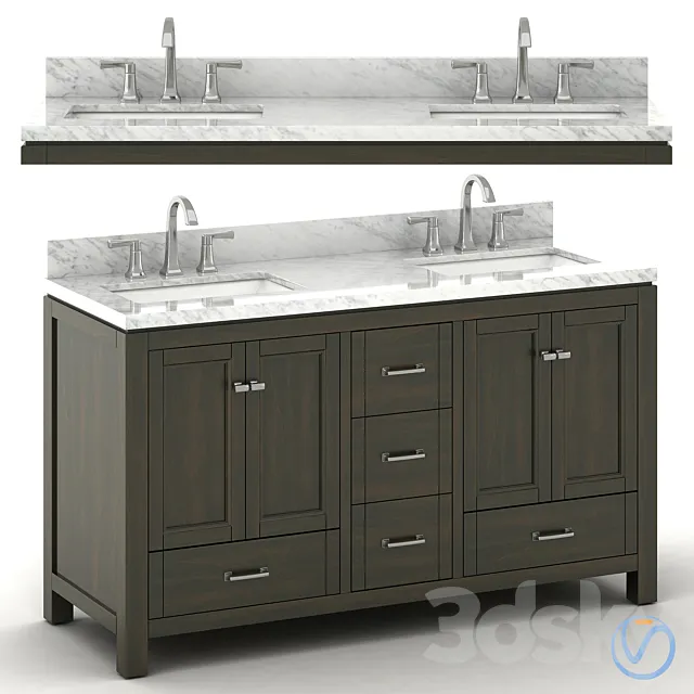 Double sink wooden vanity with Carrara marble top 3D Model