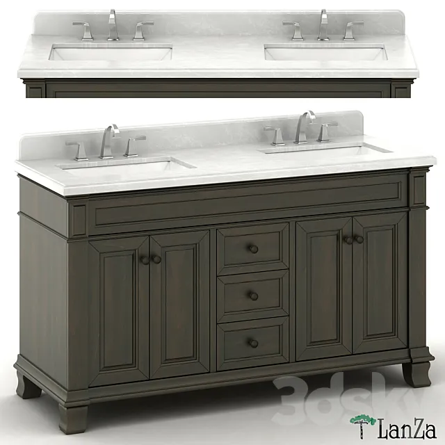 Double sink wooden vanity with metal faucet 3D Model