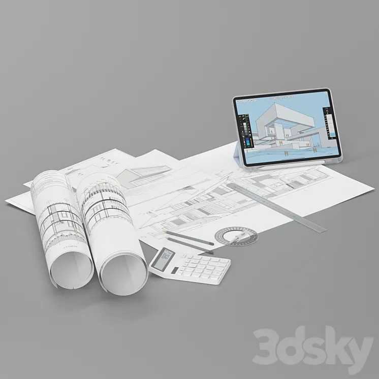 Draftsman architect set desktop filling 3D Model Free