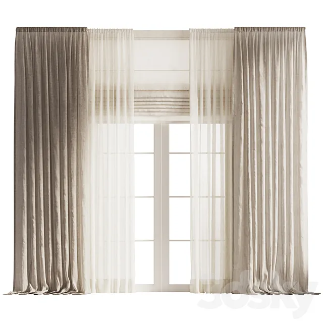 Draped Linen Curtains with Tulle and Roman Shade 3D Model