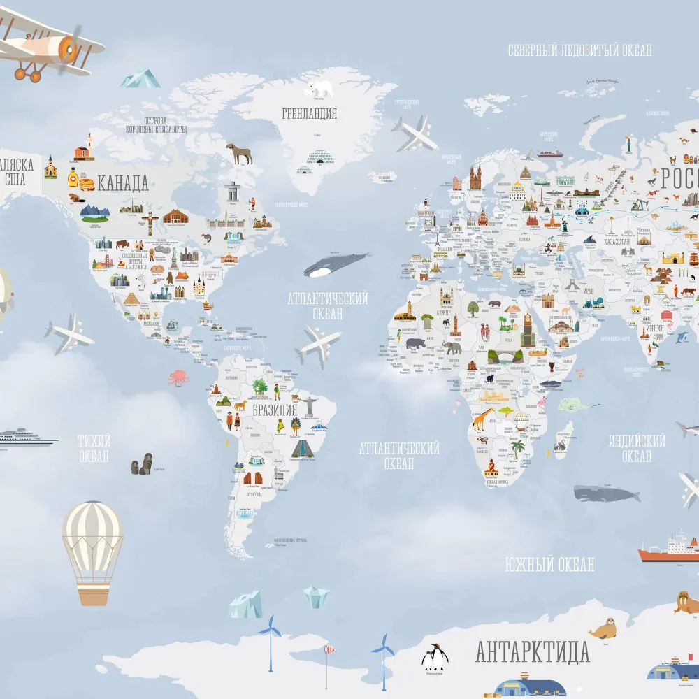 Dress-wall - Wallpaper World map with landmarks blue 3D Model