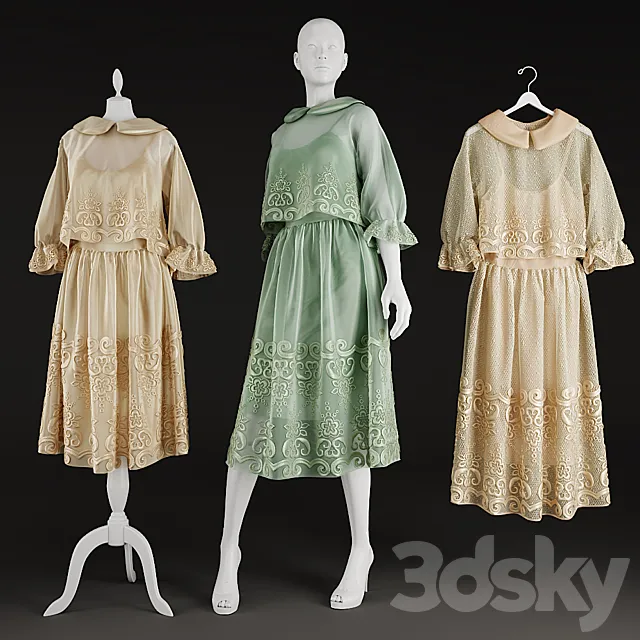 dresses on a hanger and on mannequins 3D Model
