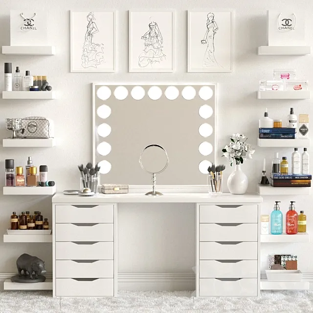 Dressing table and shelves with cosmetics. Makeup 3 3DModel