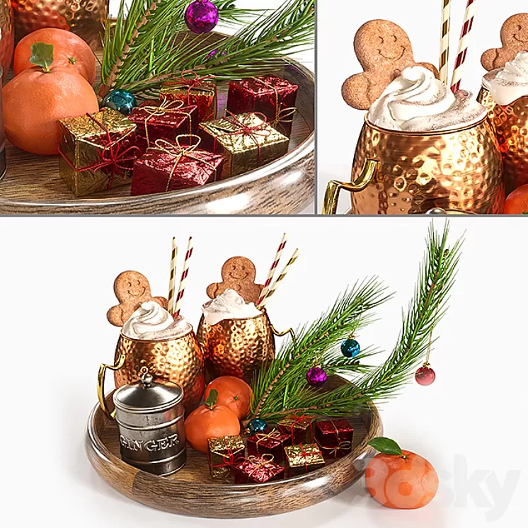Drinks on a tray with ginger biscuits 3D Model