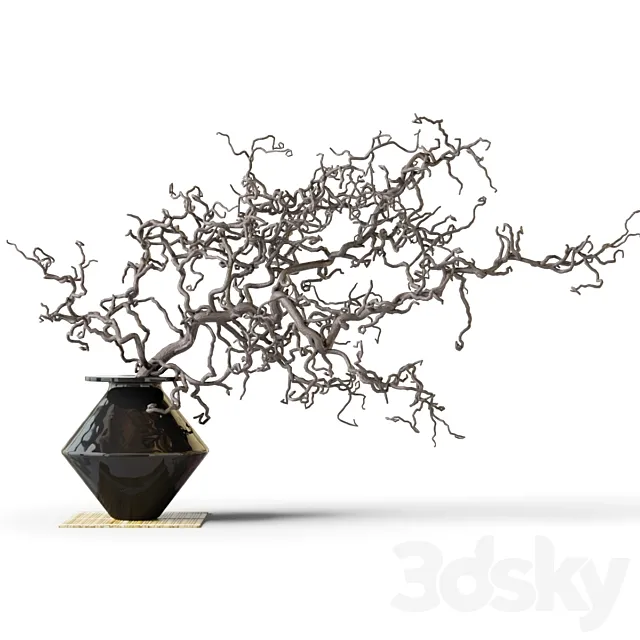 Dry branch in a black vase 3D Model