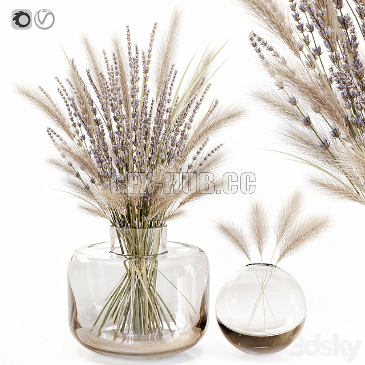Dry flowers in glass vase with lavender 3D Model