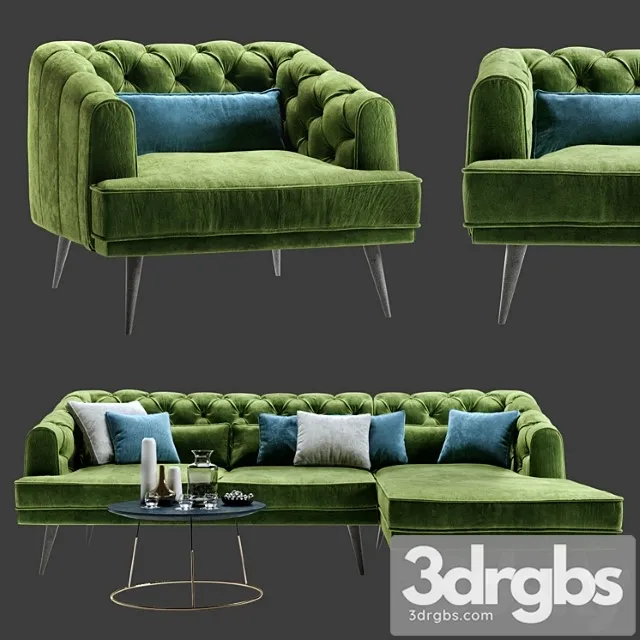 Earl gray corner sofa with chaise and armchair 2 3D Model Free